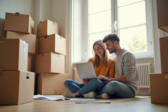 Jeune couple sur le sol de leur appartement en déménagement