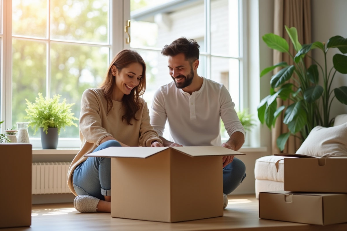 Jeune couple souriant emballant des cartons dans un salon lumineux