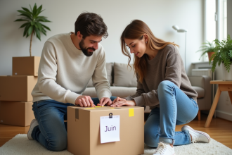 Jeune couple organisant des cartons dans un appartement lumineux