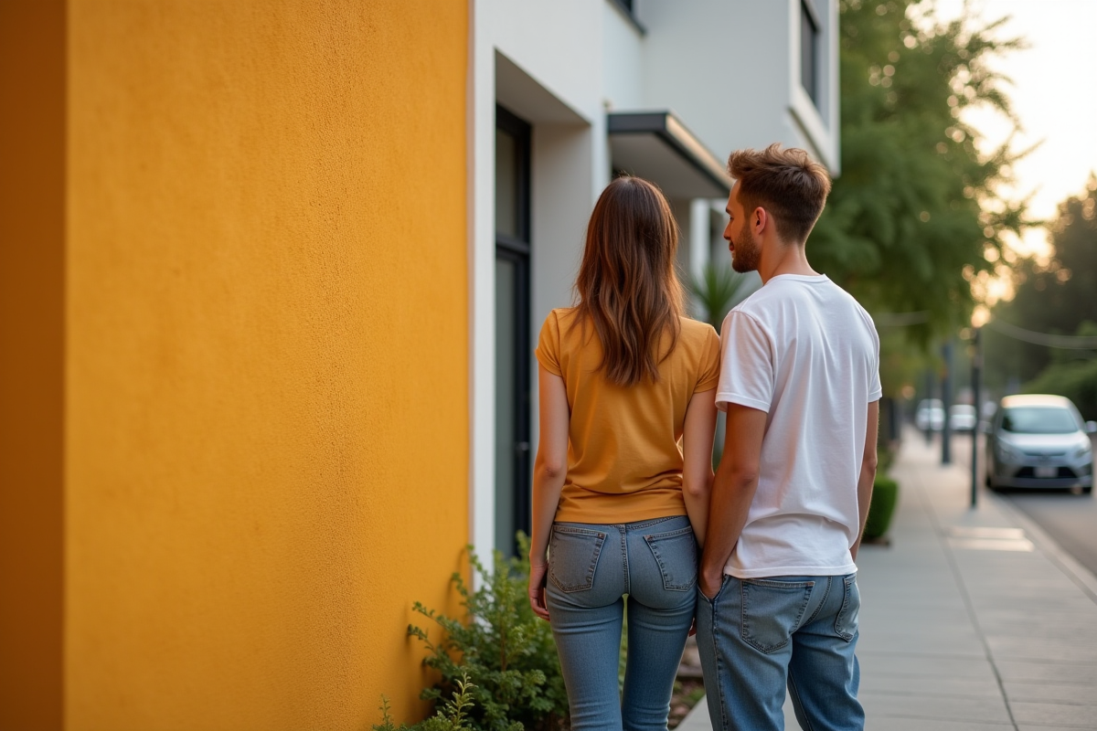 Jeune couple admirant la façade colorée de leur maison