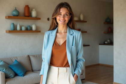 Jeune femme élégante en blazer pastel dans un intérieur moderne