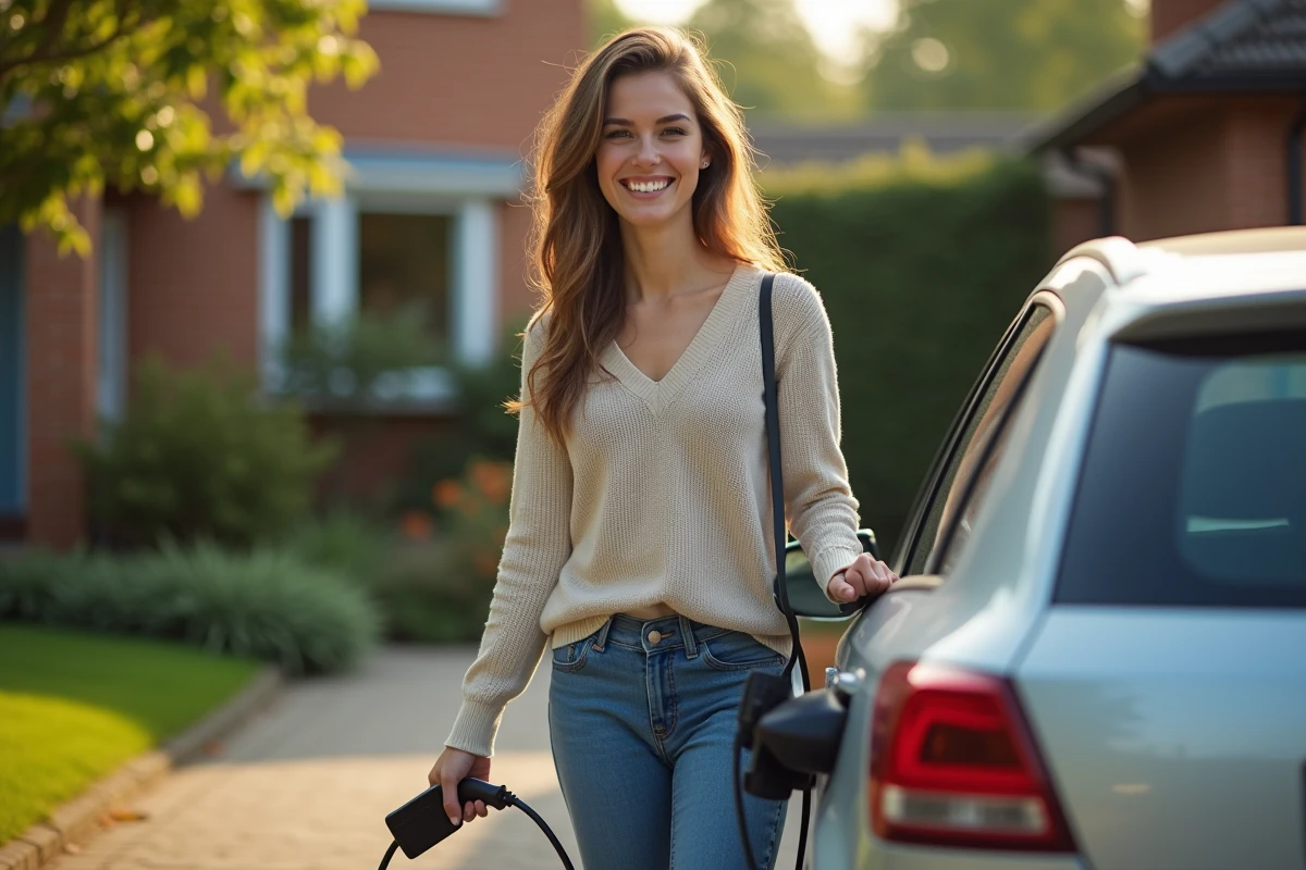 Jeune femme avec c&acirc;ble de recharge devant une voiture