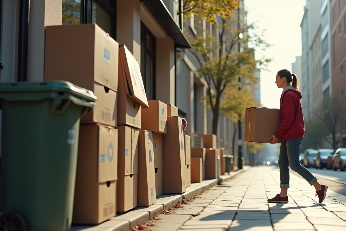 Jeune femme rangeant des meubles anciens sur le trottoir