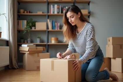 Jeune femme emballant une boxe de déménagement dans un appartement