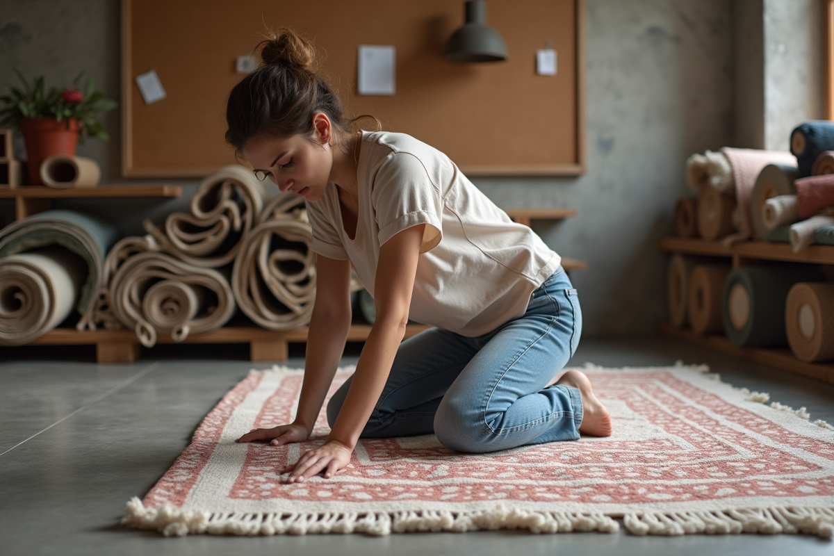 Jeune femme examinant un tapis Benuta dans un studio moderne