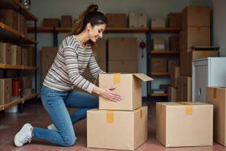 Jeune femme organisant des cartons dans un garage propre
