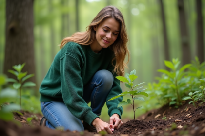 Jeune femme plantant un jeune arbre en forêt