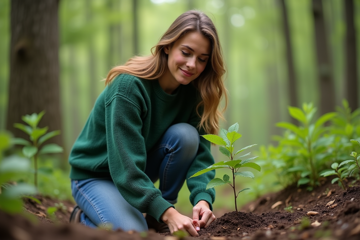Jeune femme plantant un jeune arbre en forêt