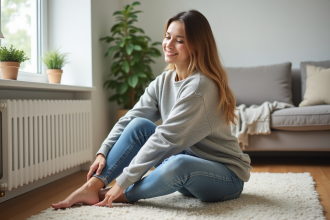 Jeune femme assise sur un tapis en laine dans un salon moderne