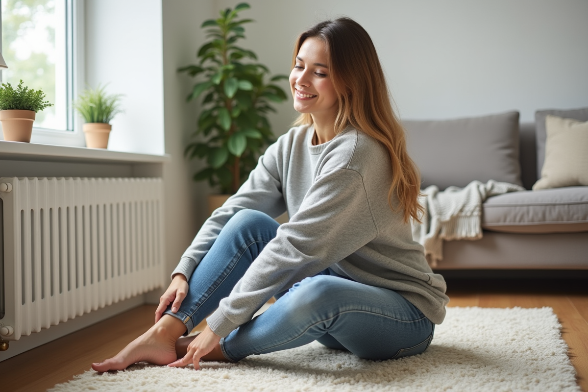 Jeune femme assise sur un tapis en laine dans un salon moderne