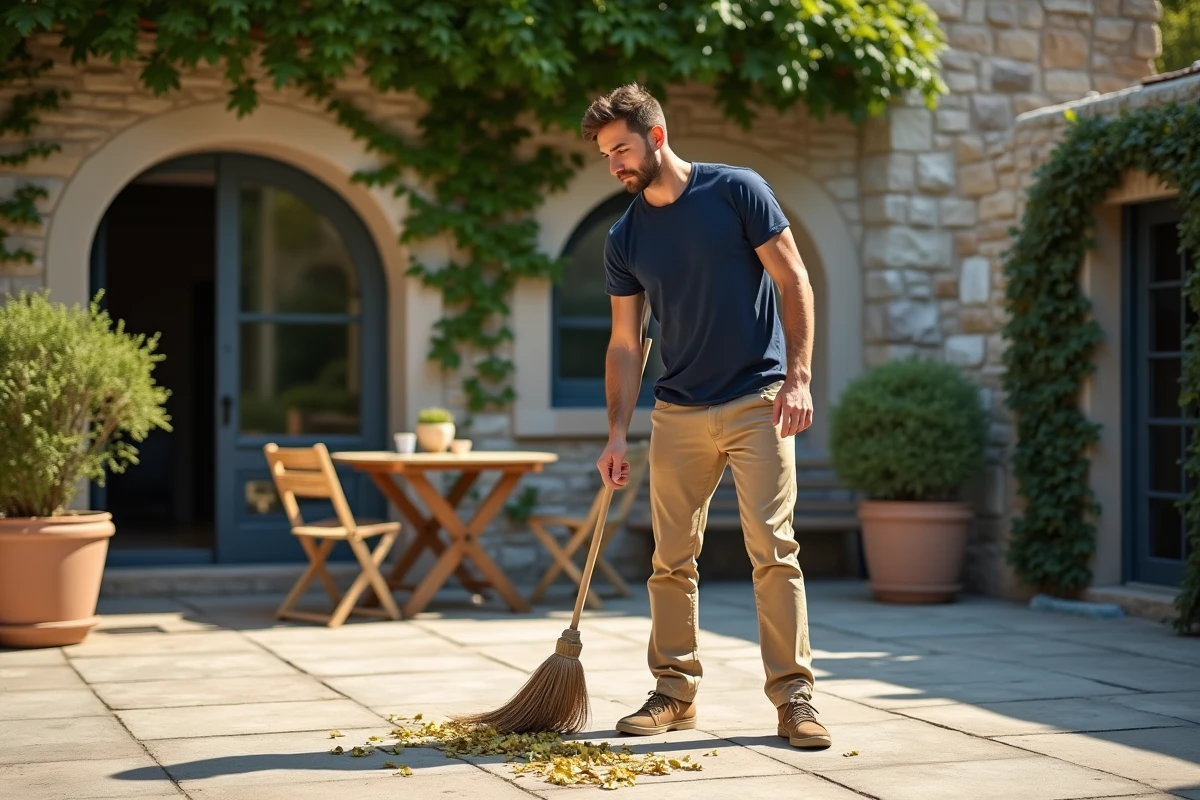 Jeune homme balayage des feuilles sur la terrasse
