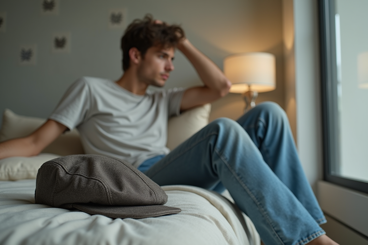 Jeune homme pensif avec casquette dans chambre moderne