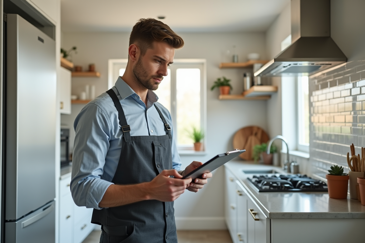 Jeune homme évaluant la cuisine rénovée avec notes et concentration