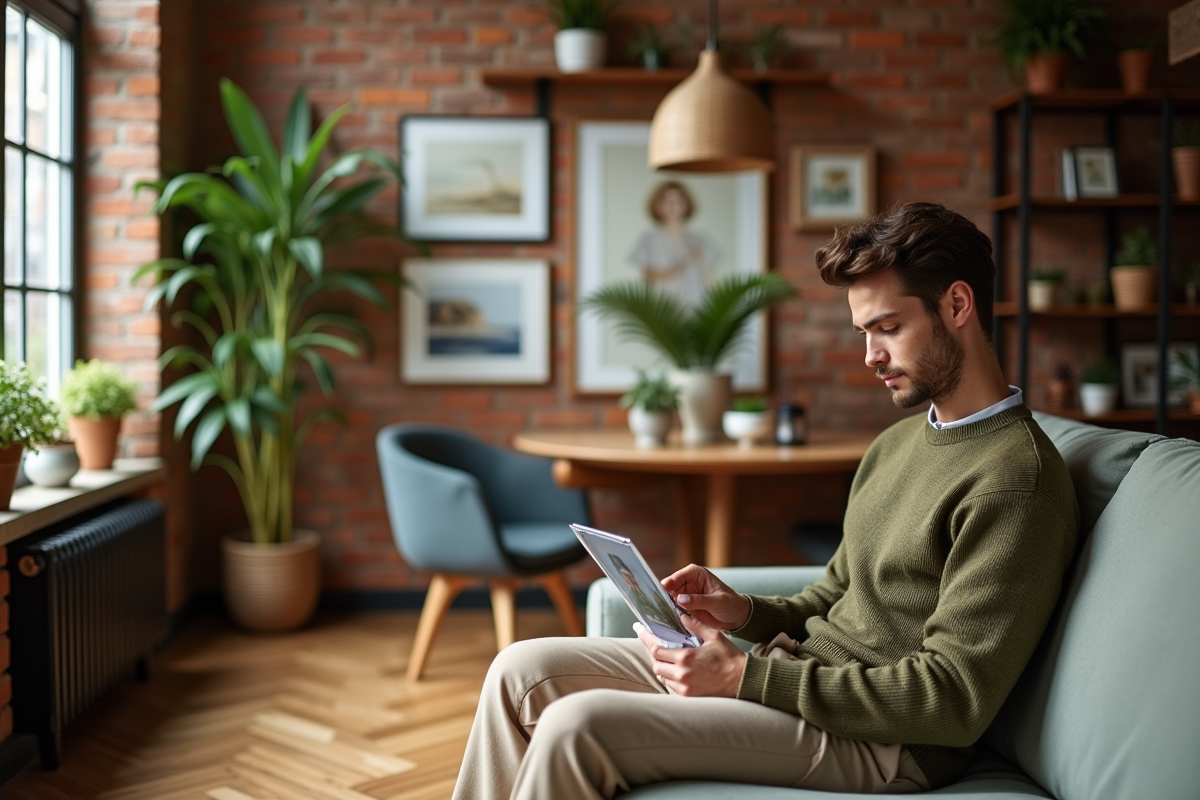 Jeune homme choisissant une œuvre dans un intérieur chaleureux