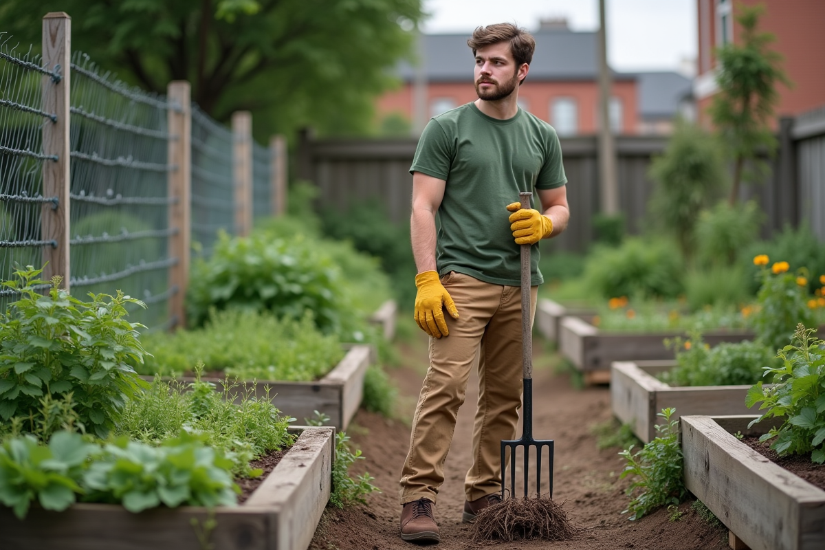 Jeune homme dans un jardin urbain avec outils et plantes