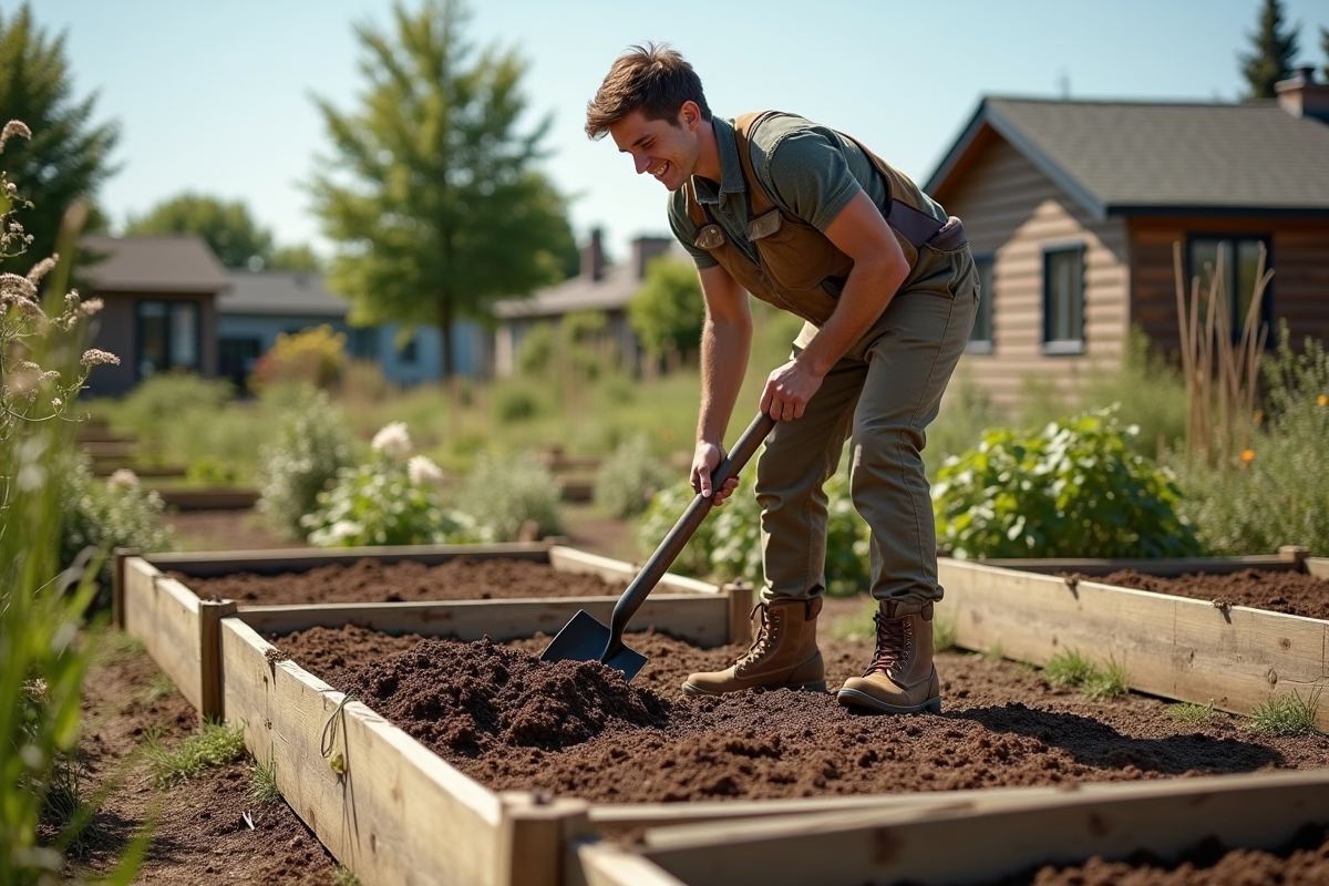 Jeune homme distribuant du paillis dans un jardin communautaire