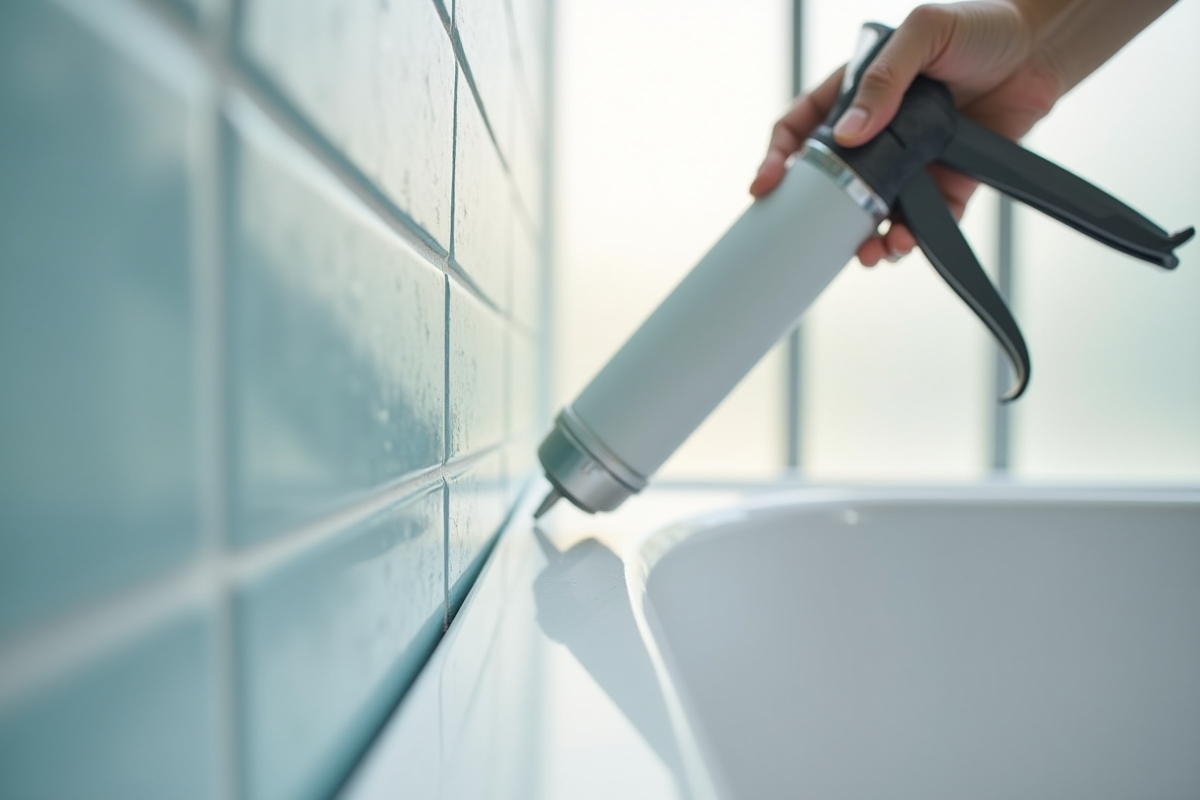 Détail d'une salle de bain moderne avec joint silicone entre baignoire et mur