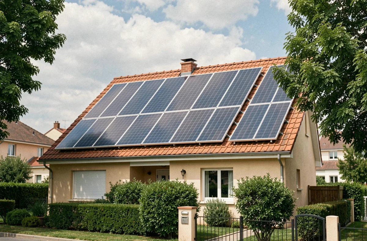 Kit solaire autoconsommation 3000W Enphase installé sur le toit d'une maison individuelle en banlieue