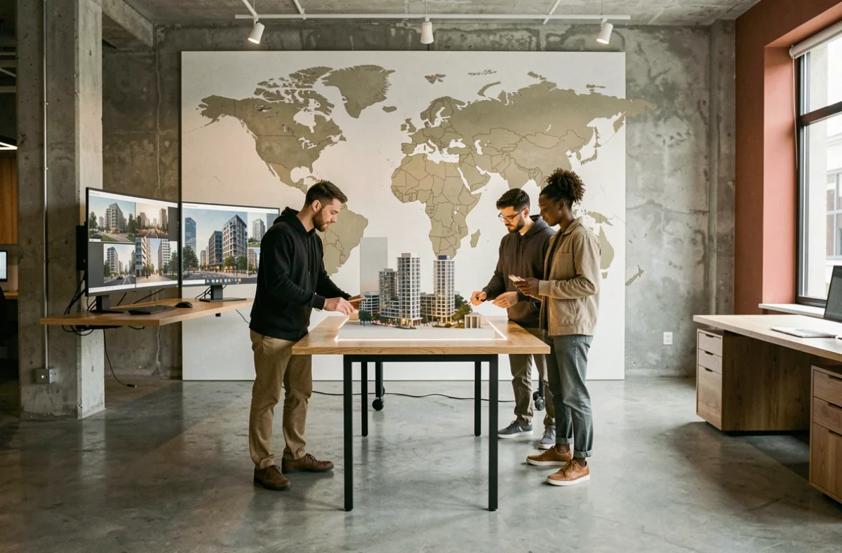 Agence d'architecture cosmopolite avec équipe diverse travaillant sur maquettes urbaines pour Kosmopolit Architecture
