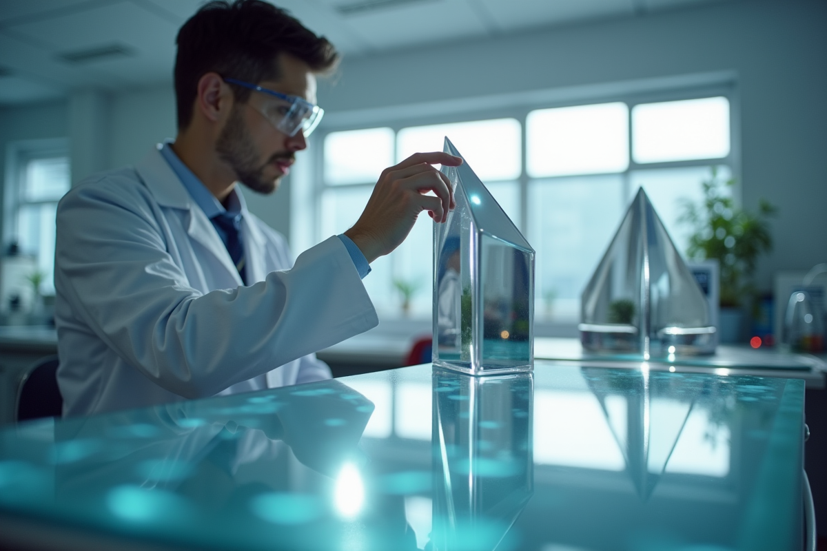 Laboratoire scientifique moderne avec prisme et panneaux métalliques pour la reflection de la lumiere