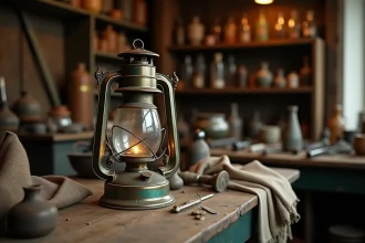 Lampe à pétrole ancienne dans son jus posée sur un établi d'atelier de restauration avec outils et patine d'origine