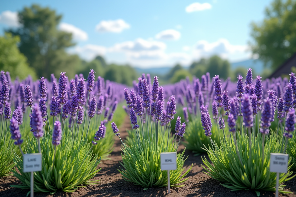 Différentes variétés de lavande en pleine floraison dans un jardin ensoleillé