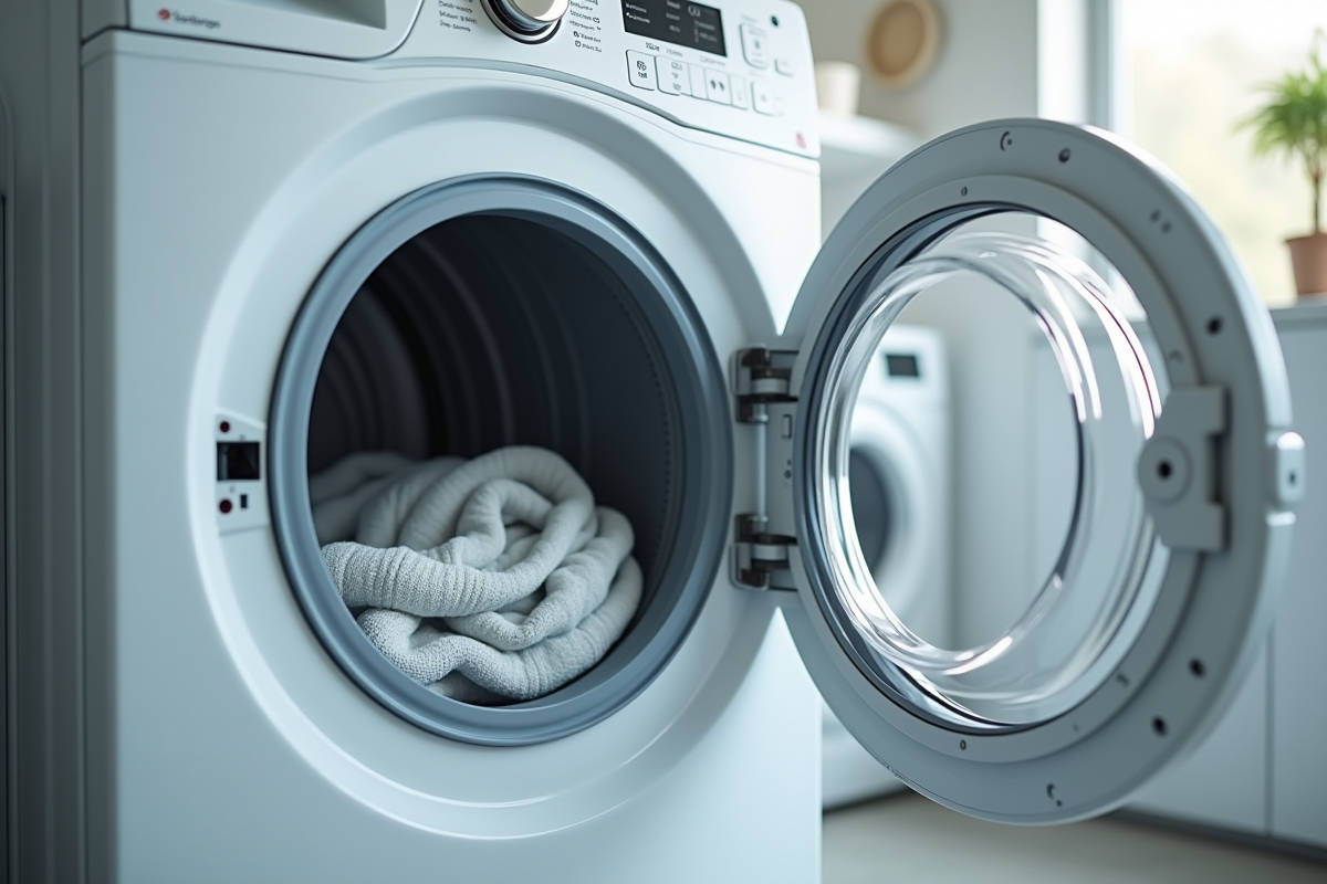 Lave-linge séche-linge moderne avec porte ouverte et évacuation d'eau