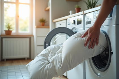 Salle de lavage moderne avec une machine ouverte et un duvet