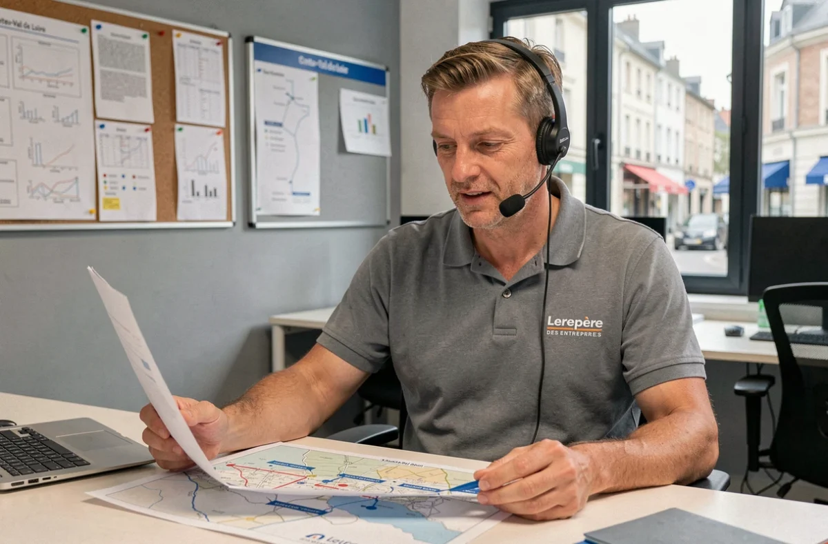 Coordinateur du réseau Lerepère des Entreprises PAC Centre examinant une carte des installations de pompes à chaleur en région Centre