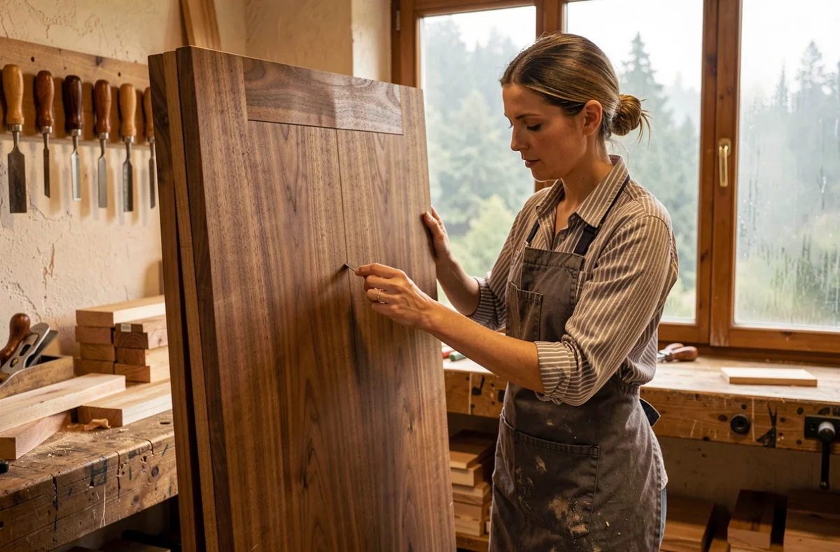 Artisane des Zelles à La Bresse finissant à la main un panneau d'armoire en noyer dans un atelier de menuiserie artisanal des Vosges