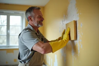 Homme en salopette de travail lessivant un mur intérieur avec une éponge avant peinture