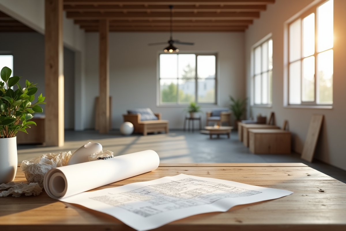 Intérieur d'un loft moderne en rénovation avec lumière naturelle