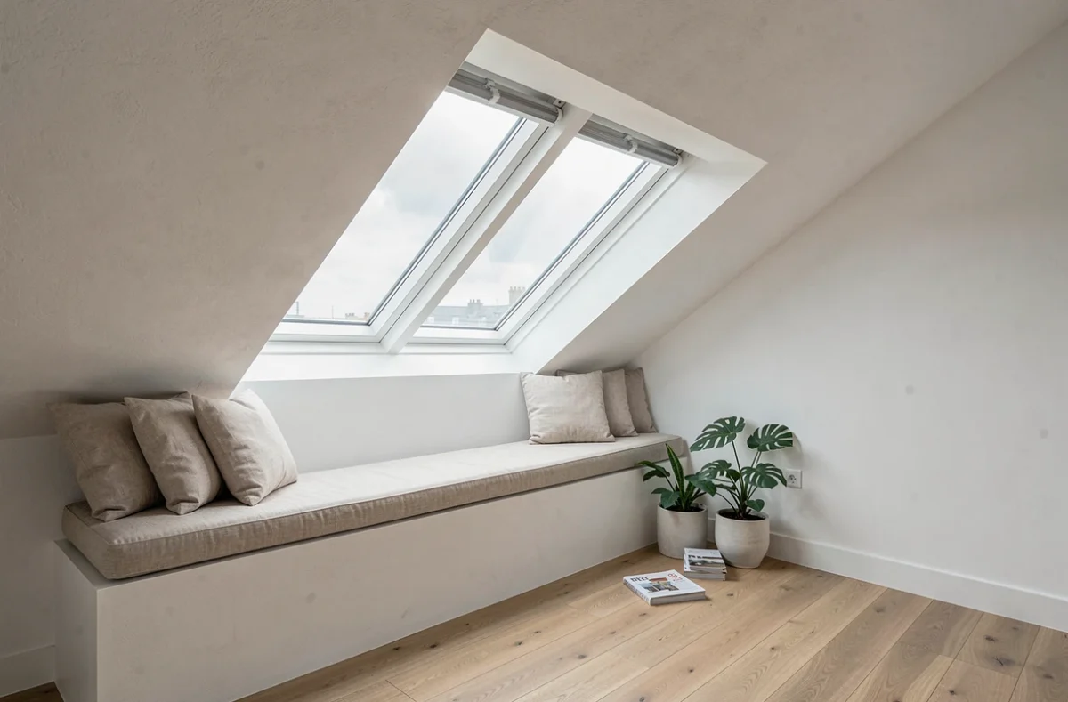 Intérieur de loft parisien avec grande fenêtre de toit VELUX et isolation thermique performante