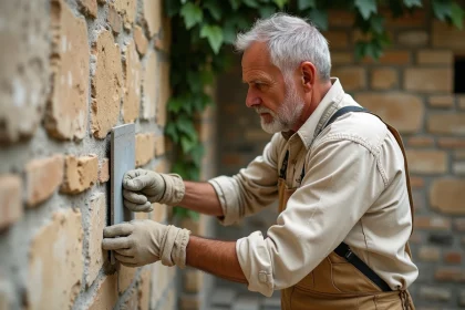 Maçon appliquant un mortier chaux sable sur un mur en pierre ancienne avec une truelle, rénovation de mur rustique en pierre calcaire