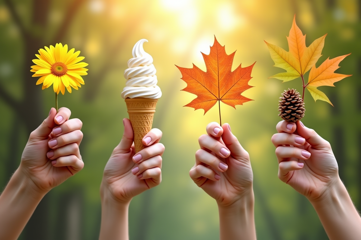 Mains tenant des objets symboliques des saisons en nature