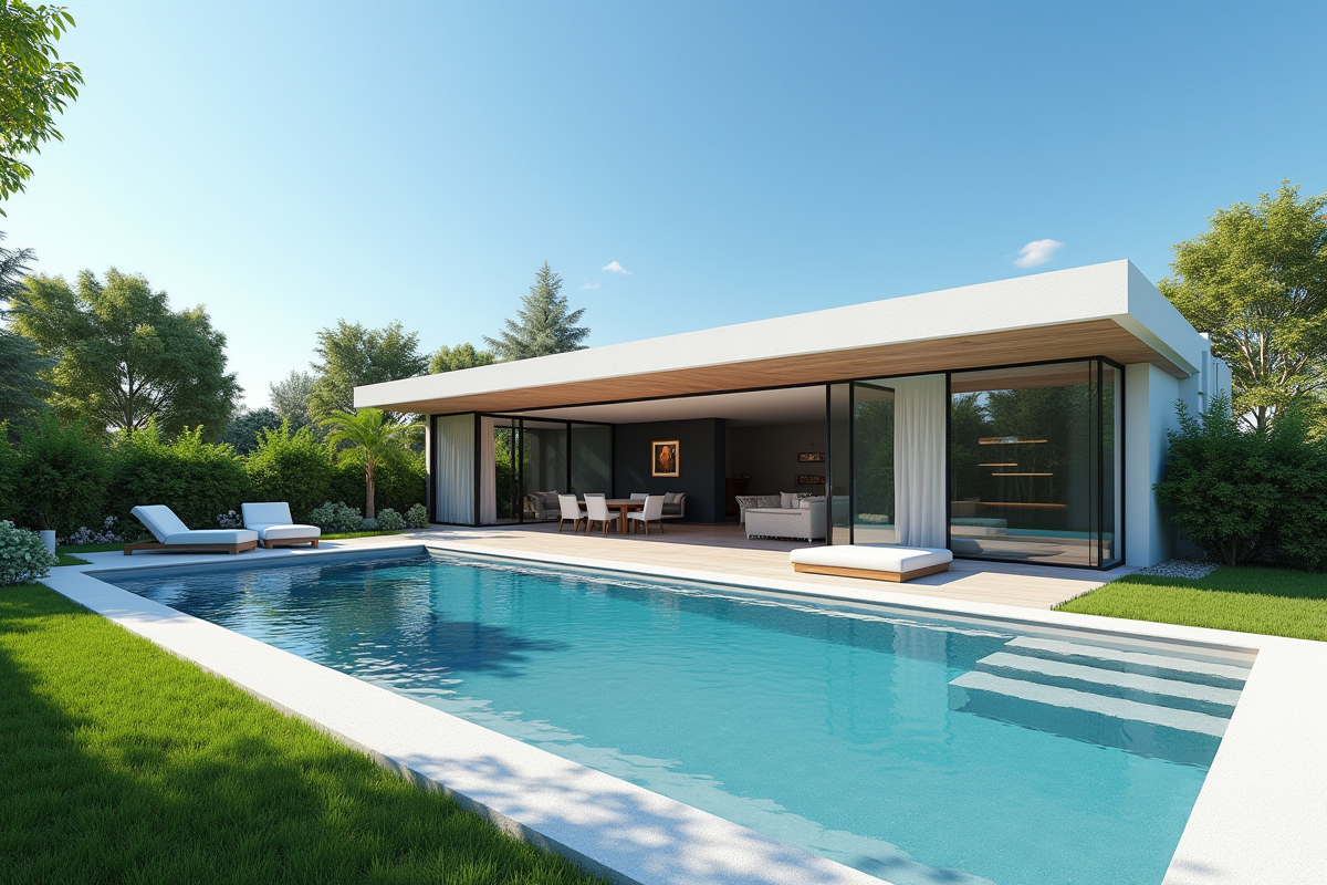 Maison moderne avec piscine dans le jardin ensoleille