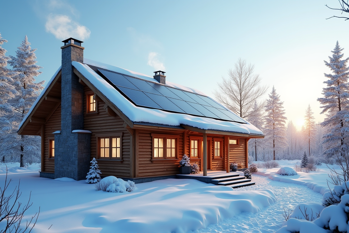 Maison en bois écologique avec panneaux solaires en hiver