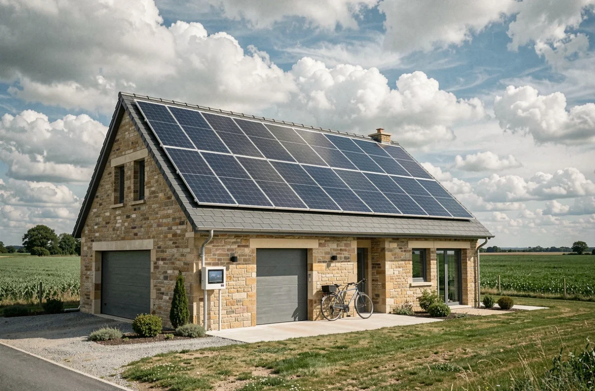 Maison individuelle en campagne française équipée d'une installation complète de panneaux solaires sur toiture orientée plein sud