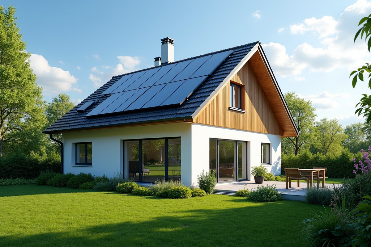 Maison avec panneaux solaires et façade isolée écologique
