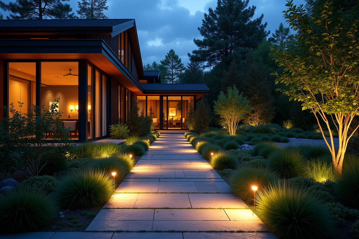 Maison moderne dans un jardin au crépuscule avec éclairage LED