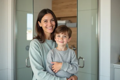 M&egrave;re souriante avec son fils dans une salle de bain moderne