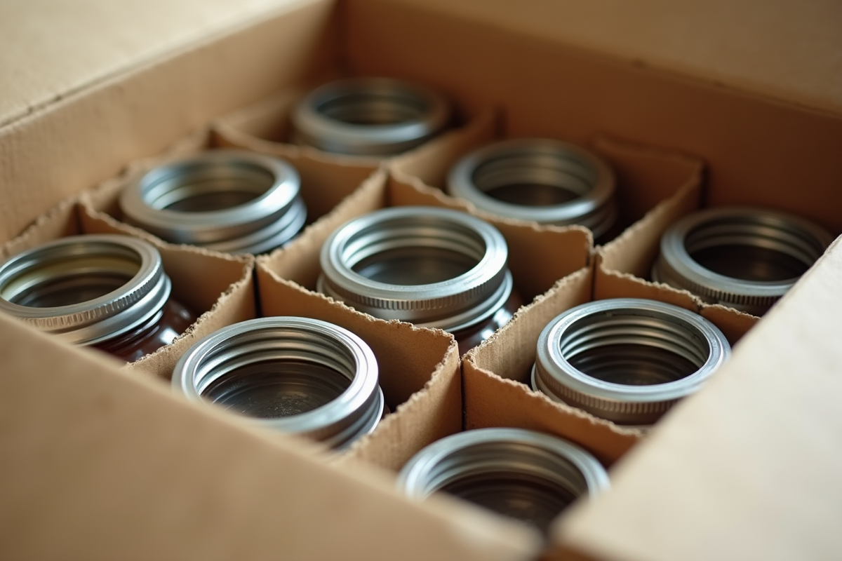 Jars Mason organisés dans une boîte avec diviseurs en carton