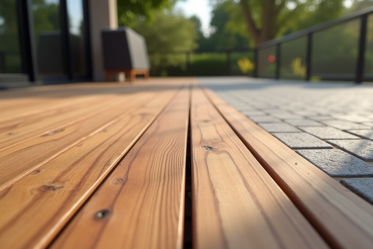Zoom sur divers matériaux de terrasse en extérieur