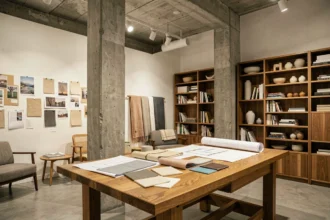 Vue grand angle d'un showroom de décoration intérieure dans les Hauts-de-Seine avec planches d'inspiration, échantillons de matériaux et mobilier design