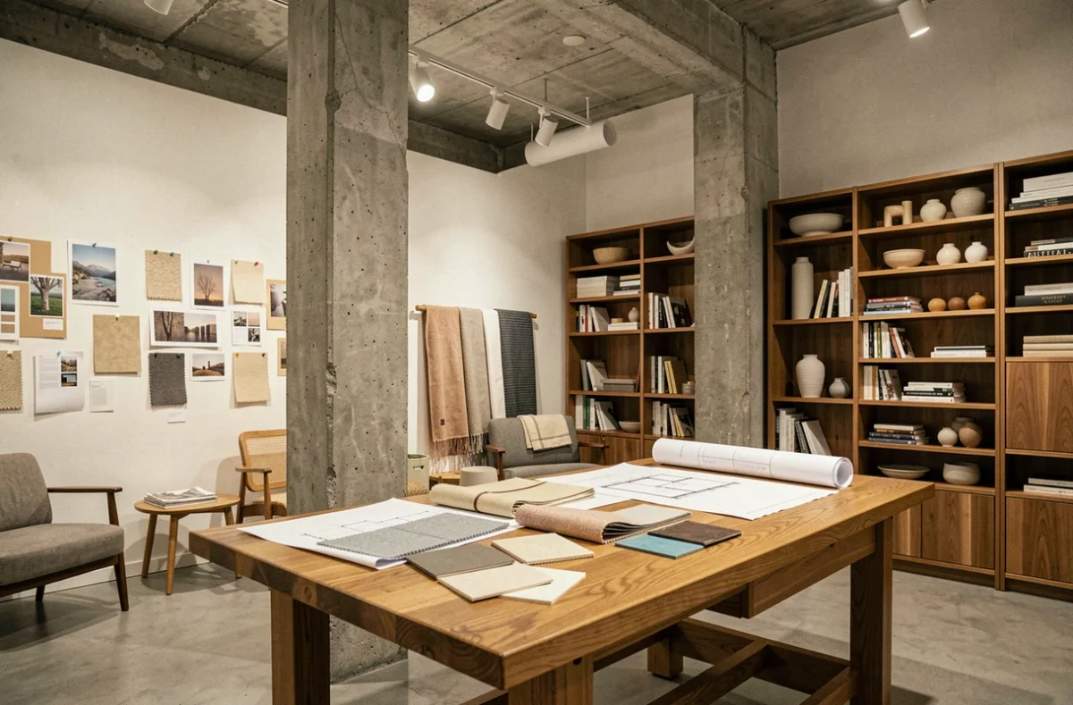 Vue grand angle d'un showroom de décoration intérieure dans les Hauts-de-Seine avec planches d'inspiration, échantillons de matériaux et mobilier design