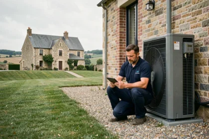 Technicien installant une pompe à chaleur sur une maison en Centre-Val de Loire avec paysage ligérien en arrière-plan