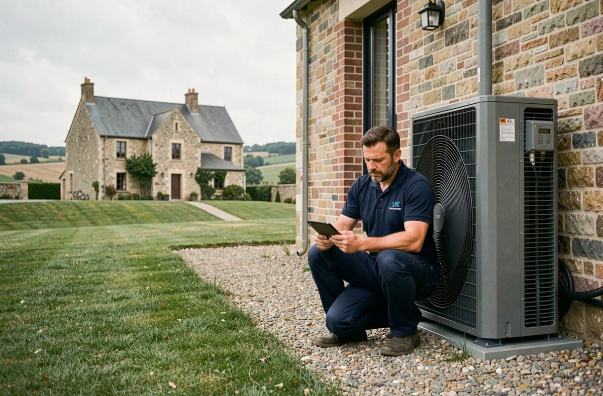 Technicien installant une pompe à chaleur sur une maison en Centre-Val de Loire avec paysage ligérien en arrière-plan