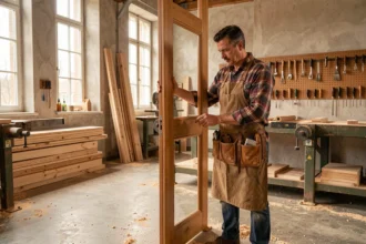Menuisier expérimenté mesurant un cadre en chêne dans un atelier de menuiserie typique du Grand Est, avec des outils artisanaux et des planches empilées en arrière-plan