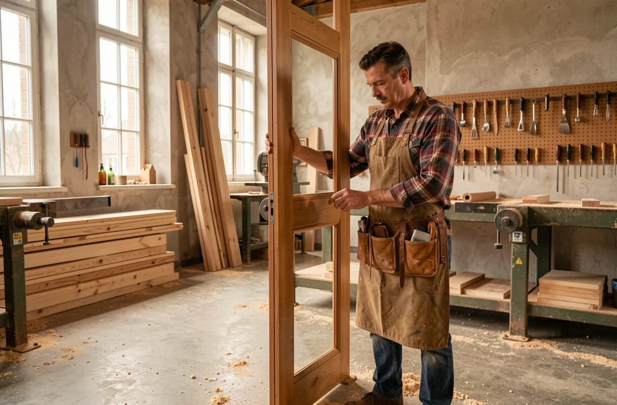 Menuisier expérimenté mesurant un cadre en chêne dans un atelier de menuiserie typique du Grand Est, avec des outils artisanaux et des planches empilées en arrière-plan