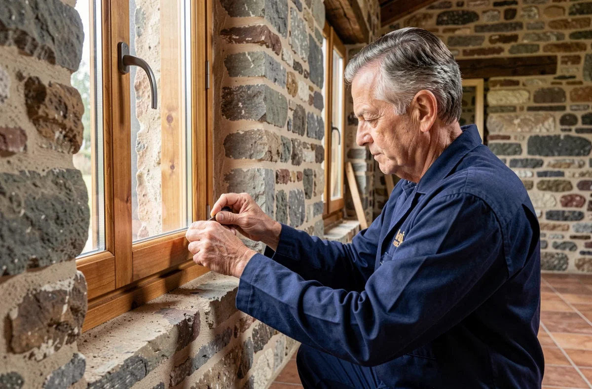 Artisan de la Menuiserie Didier à Montigny-lès-Metz installant un cadre de fenêtre en bois dans une maison en pierre typique de Lorraine